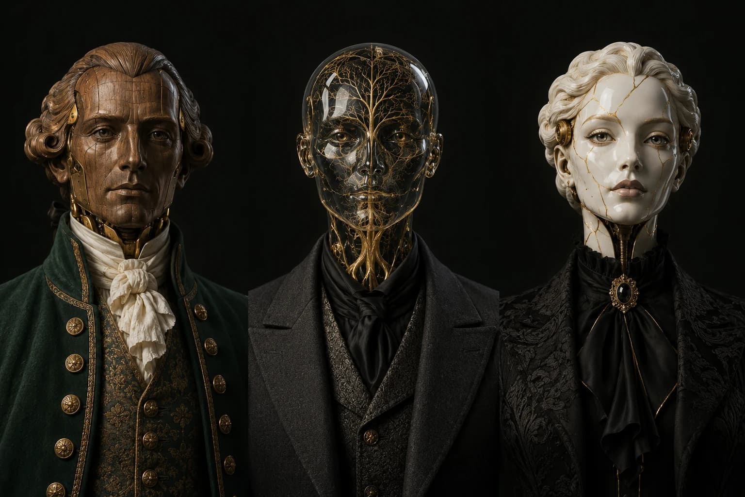 The Founder: Walnut / aged brass automaton in Wall Street tailoring