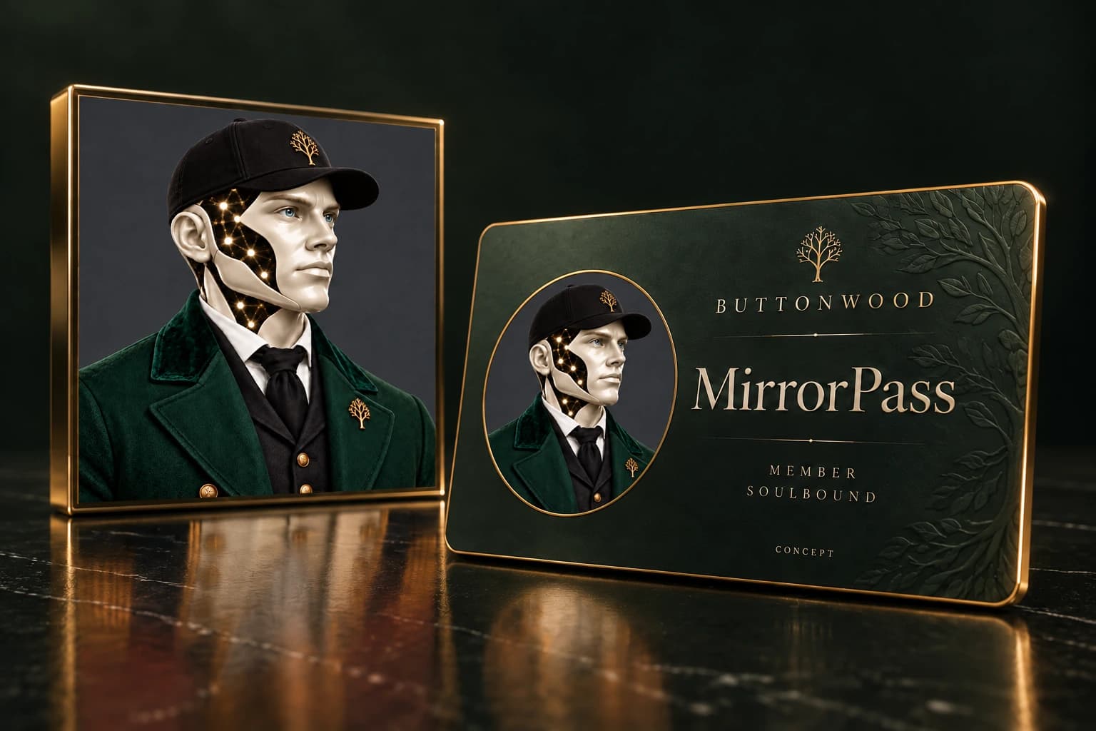 A Buttonwood Agent in its original frame beside a green and gold MirrorPass displaying the same Agent.