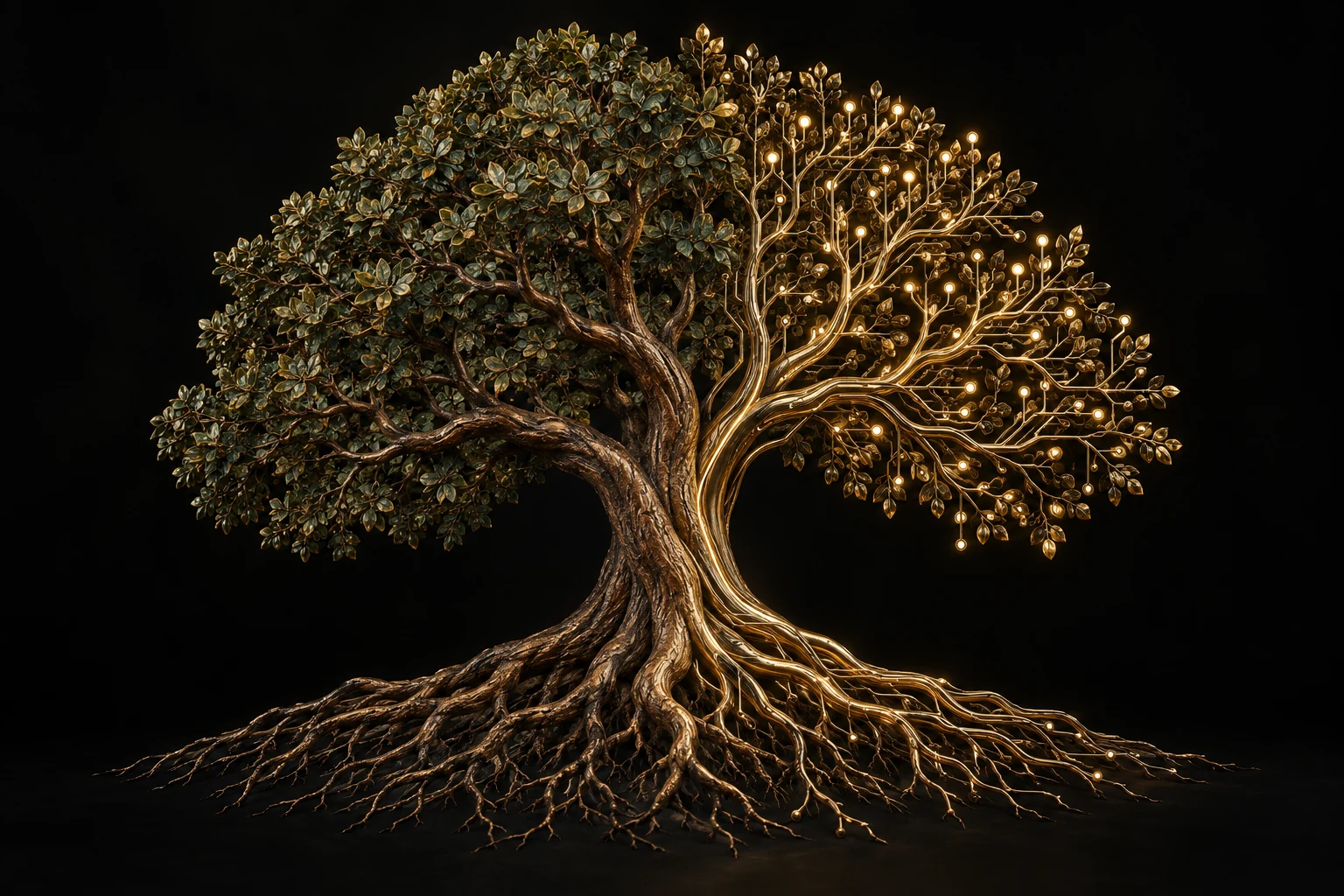 A sculptural buttonwood tree transforming from ancient wood and bronze into luminous circuitry